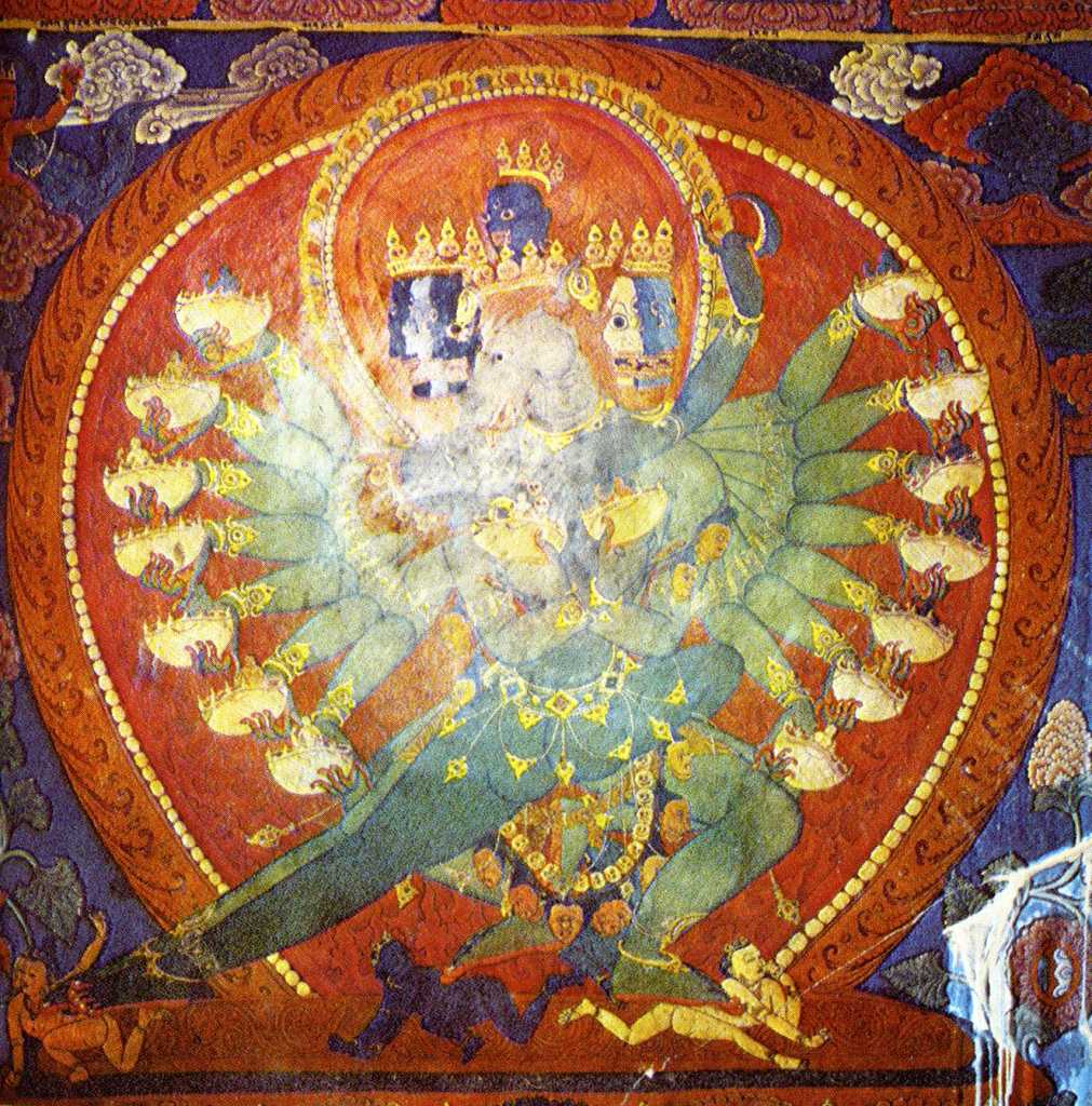 Tibet Guge 09 Tsaparang Demchog Temple 06 Padma Dakini Heruka Along the right wall is the cycle of Heruka (Tib. Kye Dorje), with five dakinis each holding Heruka in tantric yab-yum, with this one called Padma Dakini. Photo - Aschoff: Tsaparang - K�nigsstadt in Westtibet (1997).